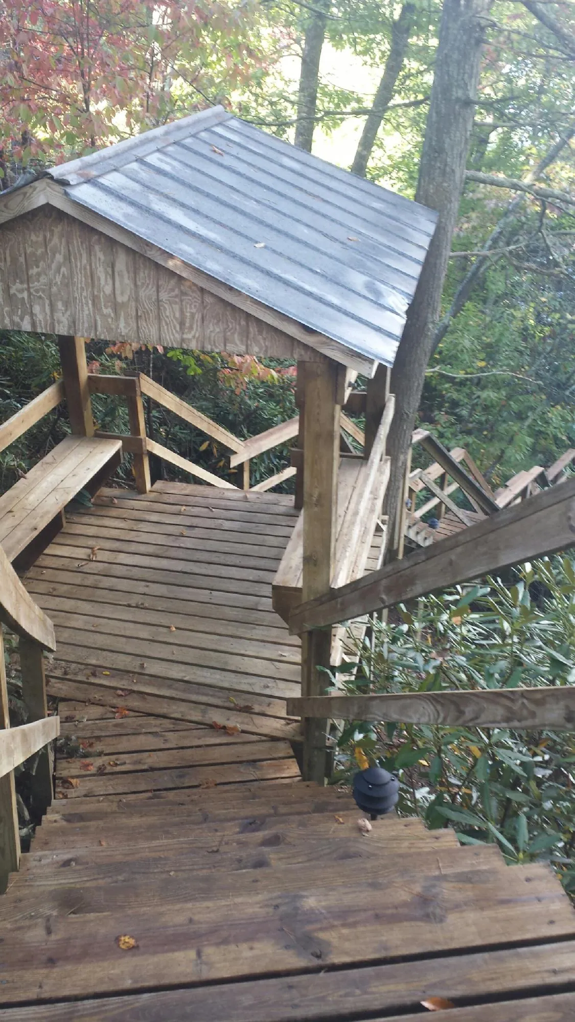 Metal roofed shelter over wooden steps on a wooded walkway — Skylight Repair & Installation work by our crew in Carman